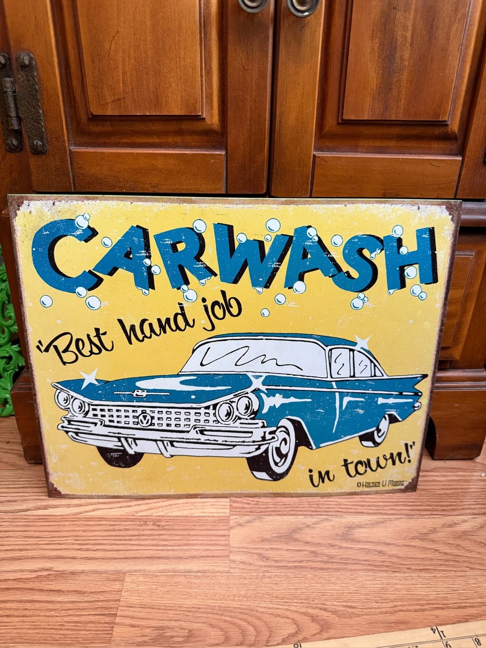 Carwash Vintage Metal Sign - Blue Car on Yellow Background